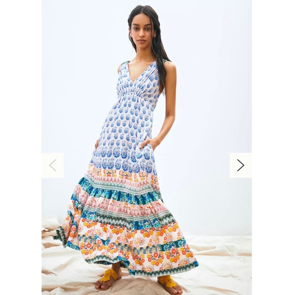 By Anthropologie Zahar Ruffled Gathered Maxi Dress Tiered Boho XS